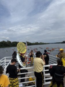 Expandable Brass Band sousaphone and band performing for the kayakers